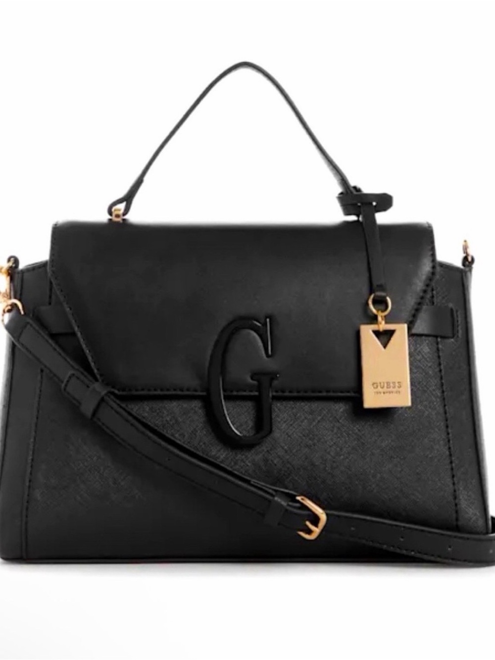 GUESS Black Structured Satchel with Gold-Tone Tag